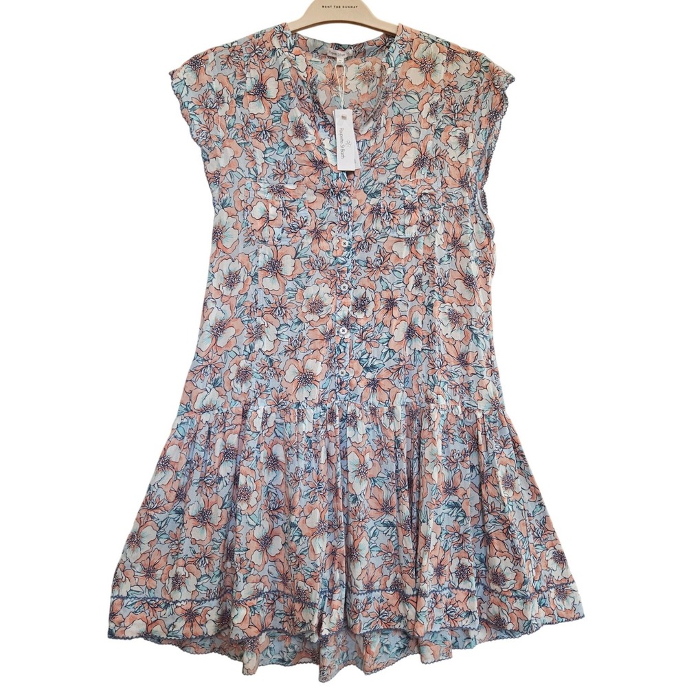Poupette St Barth Amora Drop Waist Mini Dress Aqua Floral Viscose M Romantic Y2K